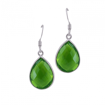 Pretty silver checkered cut green glass drop earrings 